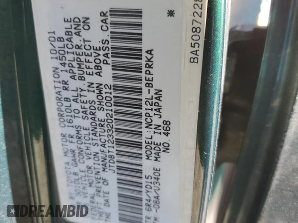 2002 Toyota ECHO with VIN JTDBT123320210012, listed as a Copart auction lot 52712305 with 271,157 mi miles and Non repairable. Bid and sale history available at DreamBid. Image 12.