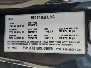 2020 Tesla Model 3 Long Range with VIN 5YJ3E1EB4LF599909, listed as a Copart auction lot 52435425 with 118,574 mi miles and Salvage Title. Bid and sale history available at DreamBid. Image 13.