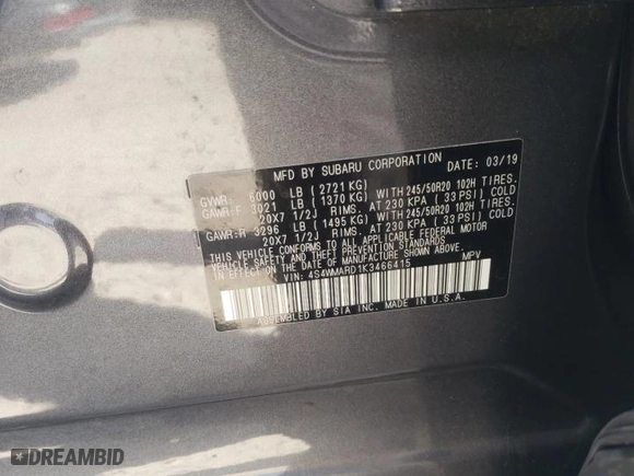 2019 Subaru Ascent Touring with VIN 4S4WMARD1K3466415, listed as a Copart auction lot 72918253 with 49,539 mi miles. Bid and sale history available at carsss.com. Image 13.