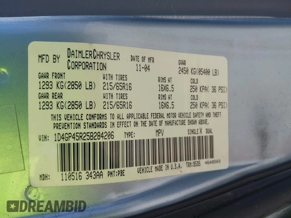 2005 Dodge Caravan SXT with VIN 1D4GP45R25B284206, listed as a IAAI auction lot 42548089 with 271,404 mi miles and . Bid and sale history available at DreamBid. Image 9.