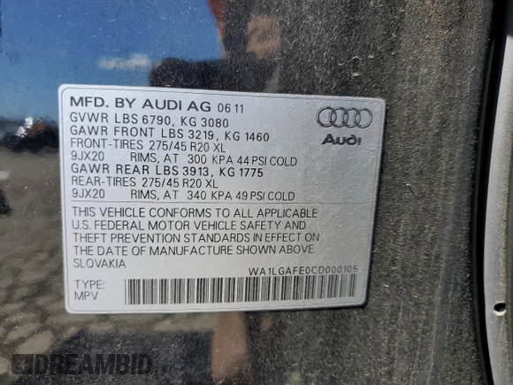 2012 Audi Q7 3.0T Premium Plus with VIN WA1LGAFE0CD000105, listed as a Copart auction lot 49528965 with 104,782 mi miles and Salvage Title. Bid and sale history available at carsss.com. Image 14.
