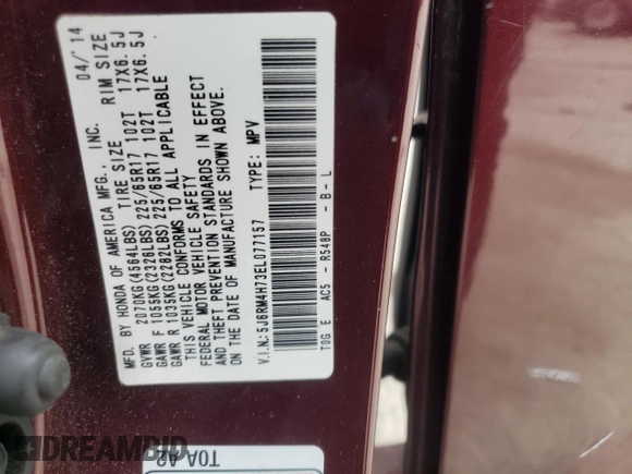 2014 Honda CR-V EX-L with VIN 5J6RM4H73EL077157, listed as a Copart auction lot 47402895 with 173,497 mi miles and Salvage Title. Bid and sale history available at DreamBid. Image 14.