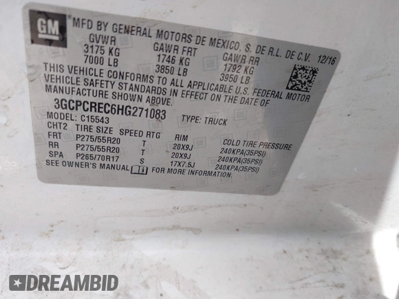 2017 Chevrolet Silverado 1500 LT with VIN 3GCPCREC6HG271083, listed as a IAAI auction lot 41875428 with Not Provided miles and . Bid and sale history available at DreamBid. Image 9.