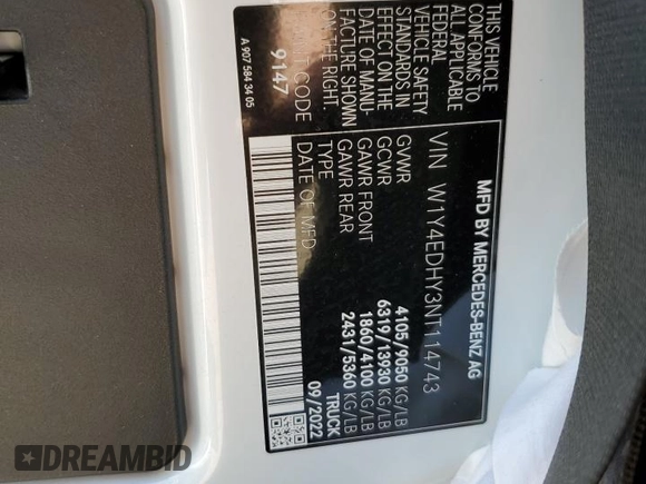 2022 Mercedes-Benz Sprinter with VIN W1Y4EDHY3NT114743, listed as a Copart auction lot 64815494 with Not Provided miles and Salvage Title. Bid and sale history available at DreamBid. Image 14.