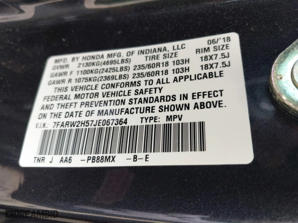 2018 Honda CR-V EX with VIN 7FARW2H57JE067364, listed as a IAAI auction lot 42005429 with 75,948 mi miles. Bid and sale history available at carsss.com. Image 9.