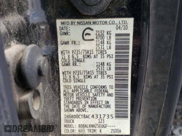 2010 Nissan Frontier XE с VIN 1N6BD0CT8AC431735, выставлен на аукционе Copart как лот 63788294 с пробегом Не указан миль и Списание • Salvage title. История ставок и продаж доступна на DreamBid. Изображение 14.