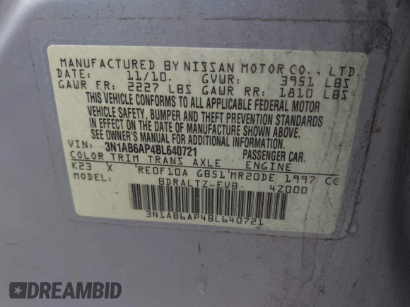 2011 Nissan Sentra SL with VIN 3N1AB6AP4BL640721, listed as a IAAI auction lot 41752612 with 144,509 mi miles and . Bid and sale history available at DreamBid. Image 9.