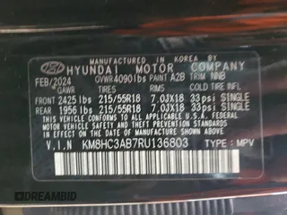 2024 Hyundai Kona SEL с VIN KM8HC3AB7RU136803, выставлен на аукционе Copart как лот 52262005 с пробегом 21 837 миль миль и Списание • Salvage title. История ставок и продаж доступна на DreamBid. Изображение 14.