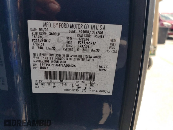2004 Ford F-150 XL with VIN 1FTPX12584NA00426, listed as a Copart auction lot 57068875 with Not provided miles and Salvage title. Bid and sale history available at DreamBid. Image 12.