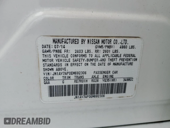 2014 Infiniti Q50 Hybrid Sport with VIN JN1AV7AP0EM692306, listed as a Copart auction lot 88644575 with 83,444 mi miles and Clean Title. Bid and sale history available at DreamBid. Image 12.