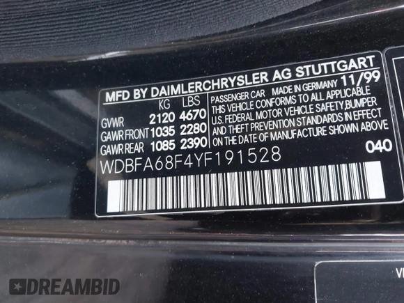 2000 Mercedes-Benz SL with VIN WDBFA68F4YF191528, listed as a IAAI auction lot 41775425 with 86,654 mi miles. Bid and sale history available at carsss.com. Image 9.
