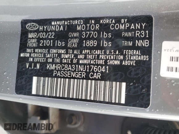 2022 Hyundai Venue SEL with VIN KMHRC8A31NU176041, listed as a Copart auction lot 58560355 with 59,621 mi miles and Salvage title. Bid and sale history available at DreamBid. Image 12.