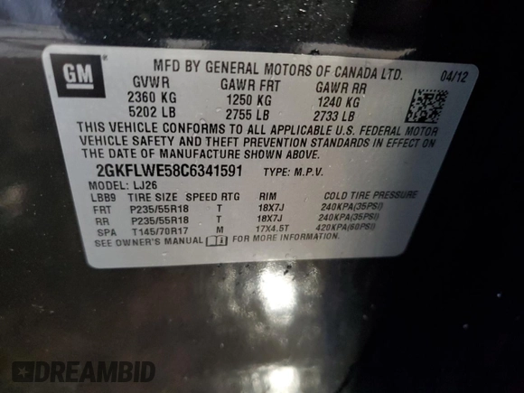 2012 GMC Terrain SLT-2 with VIN 2GKFLWE58C6341591, listed as a Copart auction lot 56633855 with 136,743 mi miles and Salvage title. Bid and sale history available at DreamBid. Image 13.