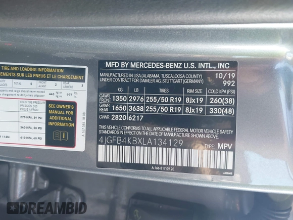 2020 Mercedes-Benz GLE 350 z VIN 4JGFB4KBXLA134129, wystawiony jako IAAI lot #42145759 z przebiegiem 94 612 mil mil oraz . Historia ofert i sprzedaży dostępna na DreamBid. Obrazek 9.
