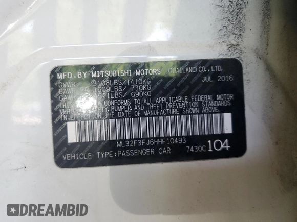 2017 Mitsubishi Mirage ES z VIN ML32F3FJ6HHF10493, wystawiony jako Copart lot #59130825 z przebiegiem 83 423 mil mil oraz Czysty tytuł • Clean title. Historia ofert i sprzedaży dostępna na DreamBid. Obrazek 12.
