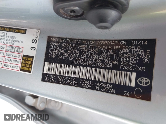 2014 Toyota Prius Two with VIN JTDZN3EU9E3338444, listed as a IAAI auction lot 42059659 with 63,900 mi miles and . Bid and sale history available at DreamBid. Image 9.