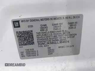 2020 Chevrolet Trax LS with VIN 3GNCJKSB1LL304974, listed as a IAAI auction lot 42428127 with 33,779 mi miles and . Bid and sale history available at DreamBid. Image 9.