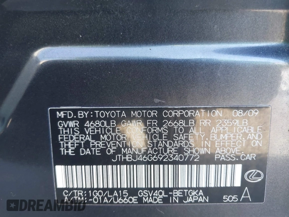 2009 Lexus ES 330 with VIN JTHBJ46G692340772, listed as a IAAI auction lot 41985325 with 172,165 mi miles and . Bid and sale history available at DreamBid. Image 9.