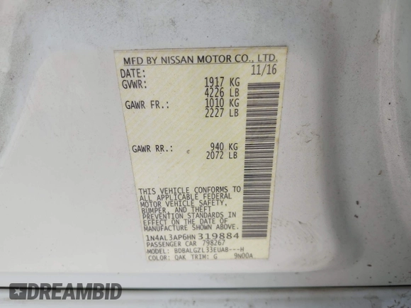 2017 Nissan Altima S with VIN 1N4AL3AP6HN319884, listed as a IAAI auction lot 42282011 with 57,788 mi miles and . Bid and sale history available at DreamBid. Image 9.
