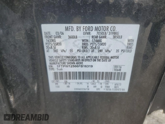 2006 Ford F-150 XLT with VIN 1FTPW12566FB16319, listed as a Copart auction lot 56421535 with 159,628 mi miles and Salvage title. Bid and sale history available at DreamBid. Image 12.