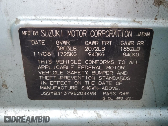 2009 Suzuki SX4 Man AWD with VIN JS2YB413796204498, listed as a Copart auction lot 84153634 with 137,095 mi miles and Salvage Title. Bid and sale history available at carsss.com. Image 13.