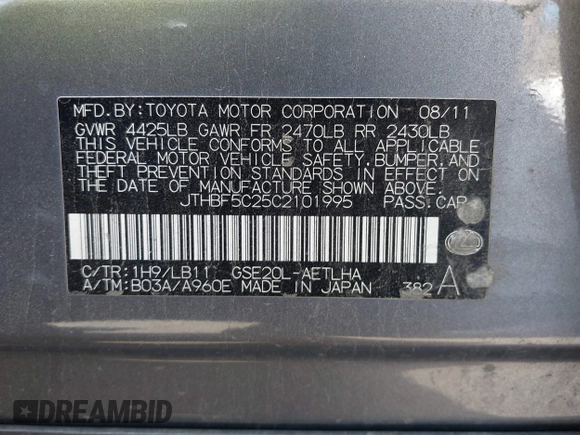 2012 Lexus IS 250 with VIN JTHBF5C25C2101995, listed as a IAAI auction lot 42315773 with 134,453 mi miles and . Bid and sale history available at DreamBid. Image 9.