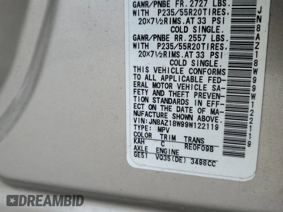 2009 Nissan Murano SL with VIN JN8AZ18W99W122119, listed as a Copart auction lot 53367015 with 179,801 mi miles and Salvage Title. Bid and sale history available at DreamBid. Image 15.