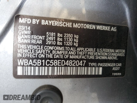 2014 BMW 5 Series 535i with VIN WBA5B1C58ED482047, listed as a Copart auction lot 47458955 with 122,828 mi miles and Salvage Title. Bid and sale history available at DreamBid. Image 12.