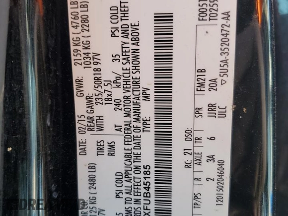 2015 Ford Escape Titanium with VIN 1FMCU0J9XFUB45185, listed as a Copart auction lot 82415114 with 272,818 mi miles and Salvage Title. Bid and sale history available at DreamBid. Image 15.