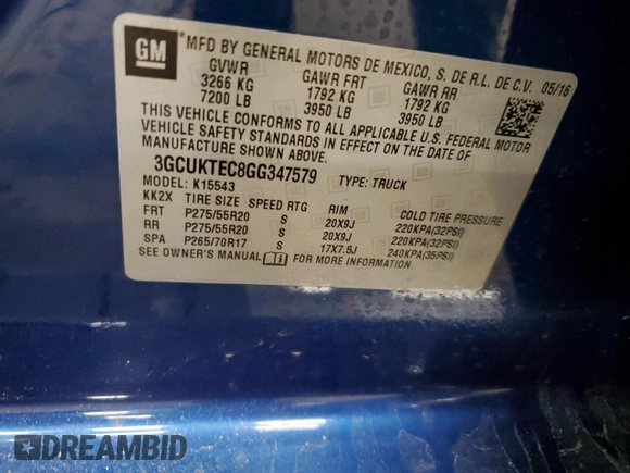 2016 Chevrolet Silverado 1500 High Country with VIN 3GCUKTEC8GG347579, listed as a Copart auction lot 45023865 with 98,394 mi miles and Salvage Title. Bid and sale history available at DreamBid. Image 12.