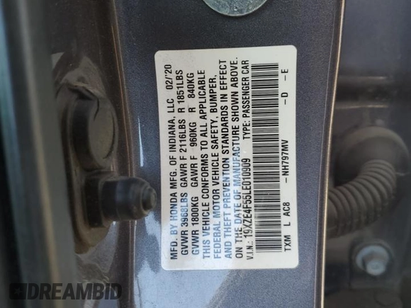 2020 Honda Insight EX with VIN 19XZE4F55LE010909, listed as a Copart auction lot 50604505 with 167,046 mi miles and Salvage Title. Bid and sale history available at DreamBid. Image 12.