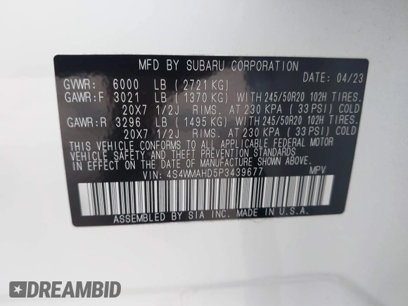 2023 Subaru Ascent Onyx with VIN 4S4WMAHD5P3439677, listed as a IAAI auction lot 41554153 with 14,161 mi miles and . Bid and sale history available at DreamBid. Image 9.