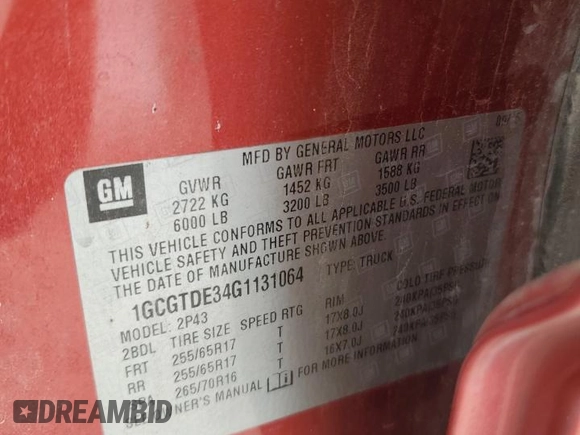 2016 Chevrolet Colorado 4WD Z71 with VIN 1GCGTDE34G1131064, listed as a Copart auction lot 61369585 with 137,769 mi miles and Salvage title. Bid and sale history available at DreamBid. Image 12.