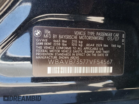 2007 BMW 3 Series 335i z VIN WBAVB73577VF54567, wystawiony jako Copart lot #56411365 z przebiegiem 136 341 mil mil oraz Szkoda całkowita • Salvage title. Historia ofert i sprzedaży dostępna na DreamBid. Obrazek 12.