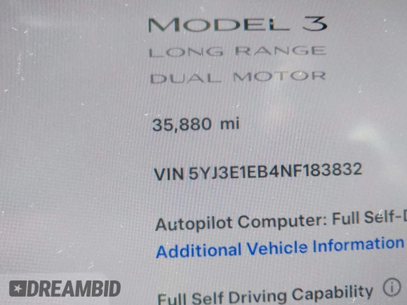 2022 Tesla Model 3 Long Range z VIN 5YJ3E1EB4NF183832, wystawiony jako IAAI lot #42085815 z przebiegiem 35 880 mil mil oraz . Historia ofert i sprzedaży dostępna na DreamBid. Obrazek 15.