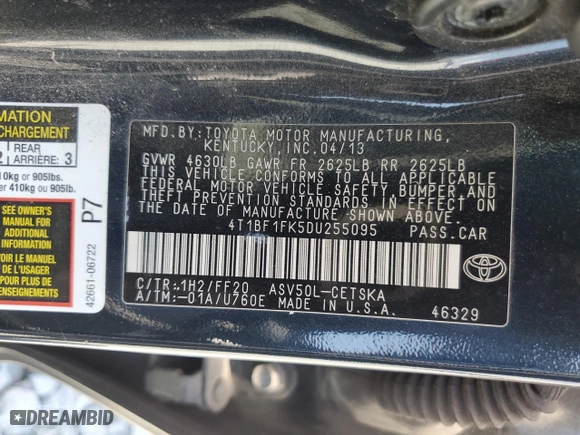 2013 Toyota Camry L with VIN 4T1BF1FK5DU255095, listed as a Copart auction lot 52589095 with 171,407 mi miles and Salvage Title. Bid and sale history available at carsss.com. Image 12.