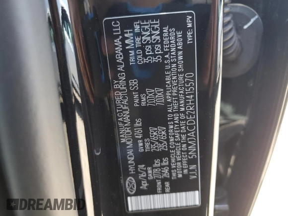 2024 Hyundai Tucson with VIN NMJACDE2RH415570, listed as a Copart auction lot 55420445 with 4,186 mi miles and Salvage title. Bid and sale history available at DreamBid. Image 13.