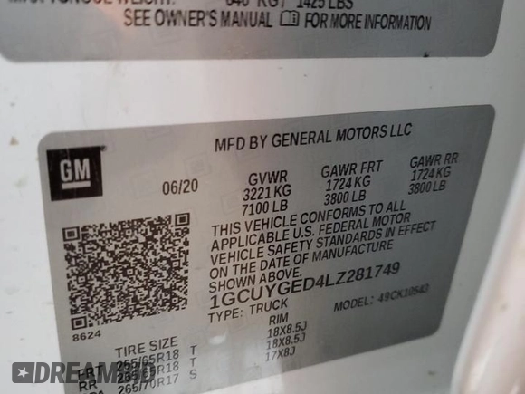 2020 Chevrolet Silverado 1500 LTZ with VIN 1GCUYGED4LZ281749, listed as a Copart auction lot 55752785 with 143,325 mi miles and Clean Title. Bid and sale history available at DreamBid. Image 12.
