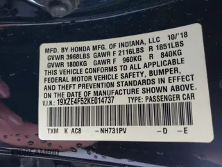 2019 Honda Insight EX with VIN 19XZE4F52KE014737, listed as a IAAI auction lot 42100837 with 35,402 mi miles and . Bid and sale history available at carsss.com. Image 9.