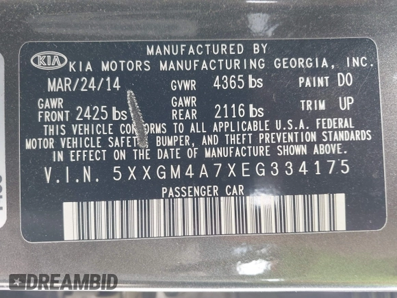 2014 Kia Optima LX with VIN 5XXGM4A7XEG334175, listed as a IAAI auction lot 42169281 with 148,774 mi miles. Bid and sale history available at carsss.com. Image 9.