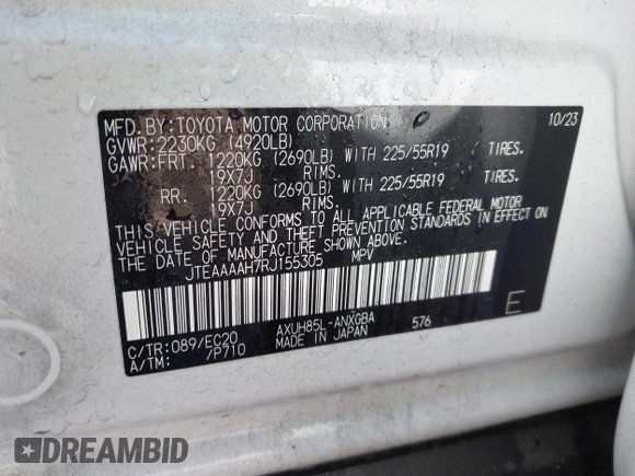 2024 Toyota Venza LE with VIN JTEAAAAH7RJ155305, listed as a IAAI auction lot 42184586 with 15,805 mi miles and . Bid and sale history available at DreamBid. Image 9.