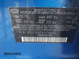 2019 Hyundai Sonata SE with VIN 5NPE24AF1KH783605, listed as a IAAI auction lot 41940740 with 98,560 mi miles and . Bid and sale history available at carsss.com. Image 9.
