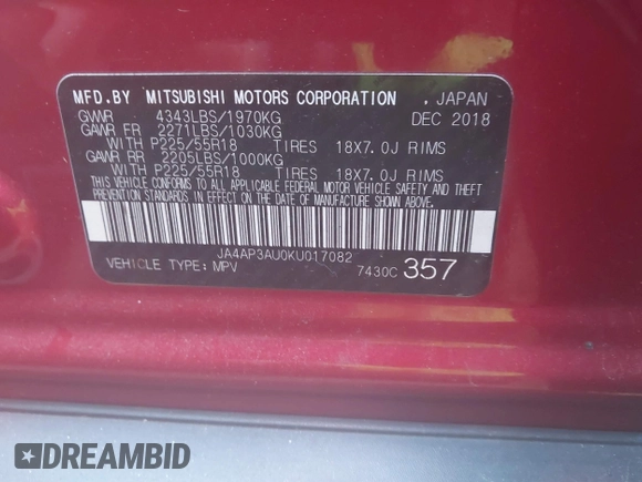2019 Mitsubishi Outlander Sport ES 2.0 with VIN JA4AP3AU0KU017082, listed as a IAAI auction lot 41218595 with 93,513 mi miles. Bid and sale history available at carsss.com. Image 9.