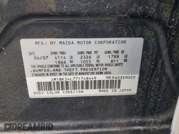 2007 Mazda 3 Mazdaspeed3 Sport z VIN JM1BK34L771748449, wystawiony jako Copart lot #54368285 z przebiegiem Nie podano mil oraz Czysty tytuł • Clean title. Historia ofert i sprzedaży dostępna na DreamBid. Obrazek 12.