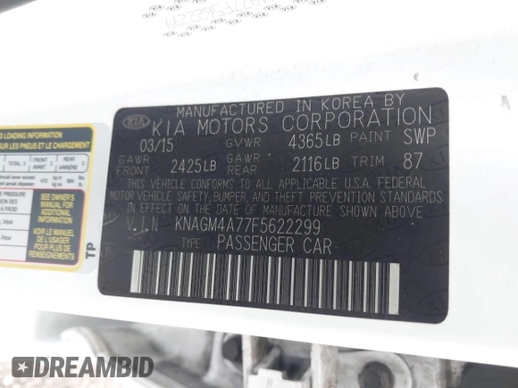 2015 Kia Optima LX with VIN KNAGM4A77F5622299, listed as a IAAI auction lot 42068196 with 200,908 mi miles. Bid and sale history available at carsss.com. Image 9.