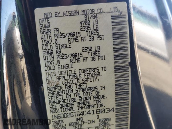 2004 Nissan Frontier XE z VIN 1N6DD26T64C418034, wystawiony jako Copart lot #44470965 z przebiegiem 196 166 mil mil oraz Szkoda całkowita • Salvage title. Historia ofert i sprzedaży dostępna na DreamBid. Obrazek 12.