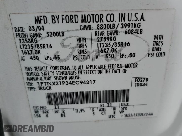 2004 Ford Super Duty F-250 XL with VIN 1FTNX21P34EC94317, listed as a Copart auction lot 69180864 with 0 mi miles and Salvage Title. Bid and sale history available at carsss.com. Image 12.