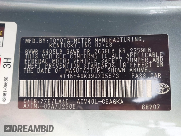 2009 Toyota Camry with VIN 4T1BE46K39U795573, listed as a IAAI auction lot 42158791 with 205,820 mi miles and . Bid and sale history available at DreamBid. Image 9.