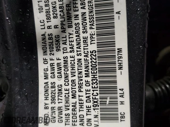 2017 Honda Civic EX-T with VIN 19XFC1E33HE002225, listed as a Copart auction lot 79443224 with 138,738 mi miles and Salvage Title. Bid and sale history available at DreamBid. Image 12.