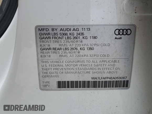 2014 Audi Q5 Premium Plus z VIN WA1LFAFP4EA059067, wystawiony jako Copart lot #58573405 z przebiegiem 49 293 mil mil oraz Szkoda całkowita • Salvage title. Historia ofert i sprzedaży dostępna na DreamBid. Obrazek 14.